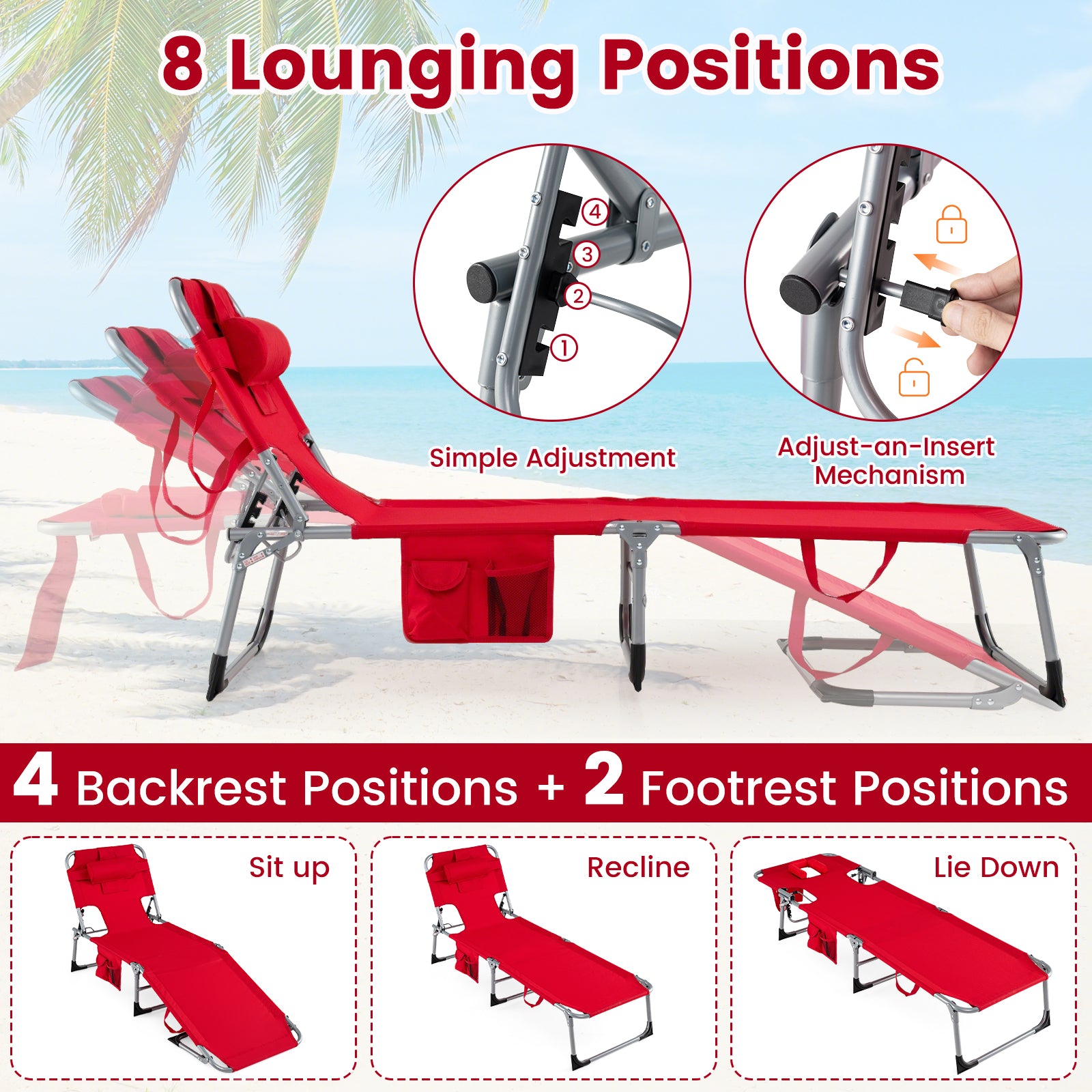 2-Pack Portable Tanning Chair, 4-Position Adjustable Backrest, Red Outdoor Chaise Lounges at Gallery Canada