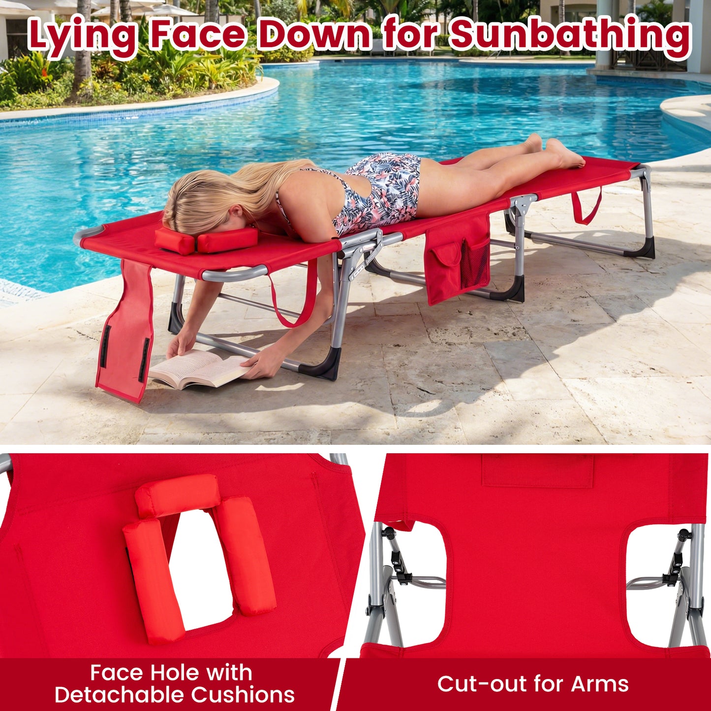 2-Pack Portable Tanning Chair, 4-Position Adjustable Backrest, Red Outdoor Chaise Lounges at Gallery Canada