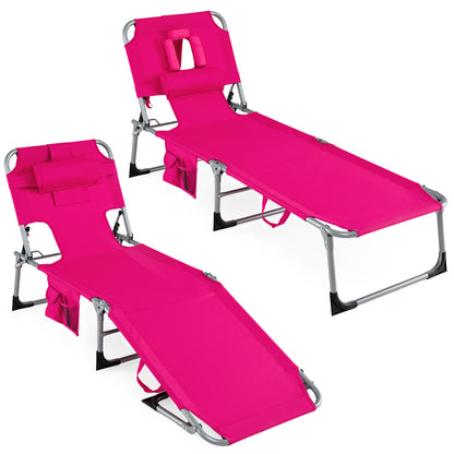Portable Tanning Chair, 4-Position Adjustable Backrest, Set of 2, Pink Outdoor Chaise Lounges Pink at Gallery Canada