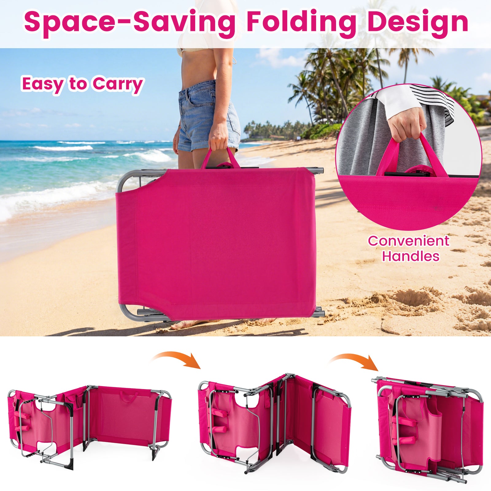 Portable Tanning Chair, 4-Position Adjustable Backrest, Set of 2, Pink Outdoor Chaise Lounges at Gallery Canada