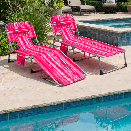 Portable Chaise Lounge Chair, 4-Position Adjustable Backrest, Stripe, Pink