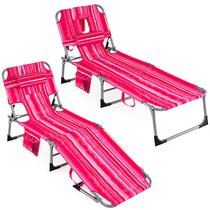 Portable Chaise Lounge Chair, 4-Position Adjustable Backrest, Stripe, Pink Outdoor Chaise Lounges Pink Stripe at Gallery Canada