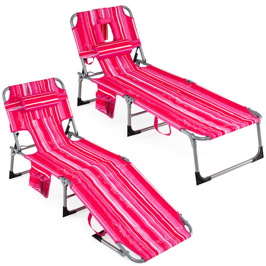 Portable Chaise Lounge Chair, 4-Position Adjustable Backrest, Stripe, Pink Outdoor Chaise Lounges Pink Stripe at Gallery Canada