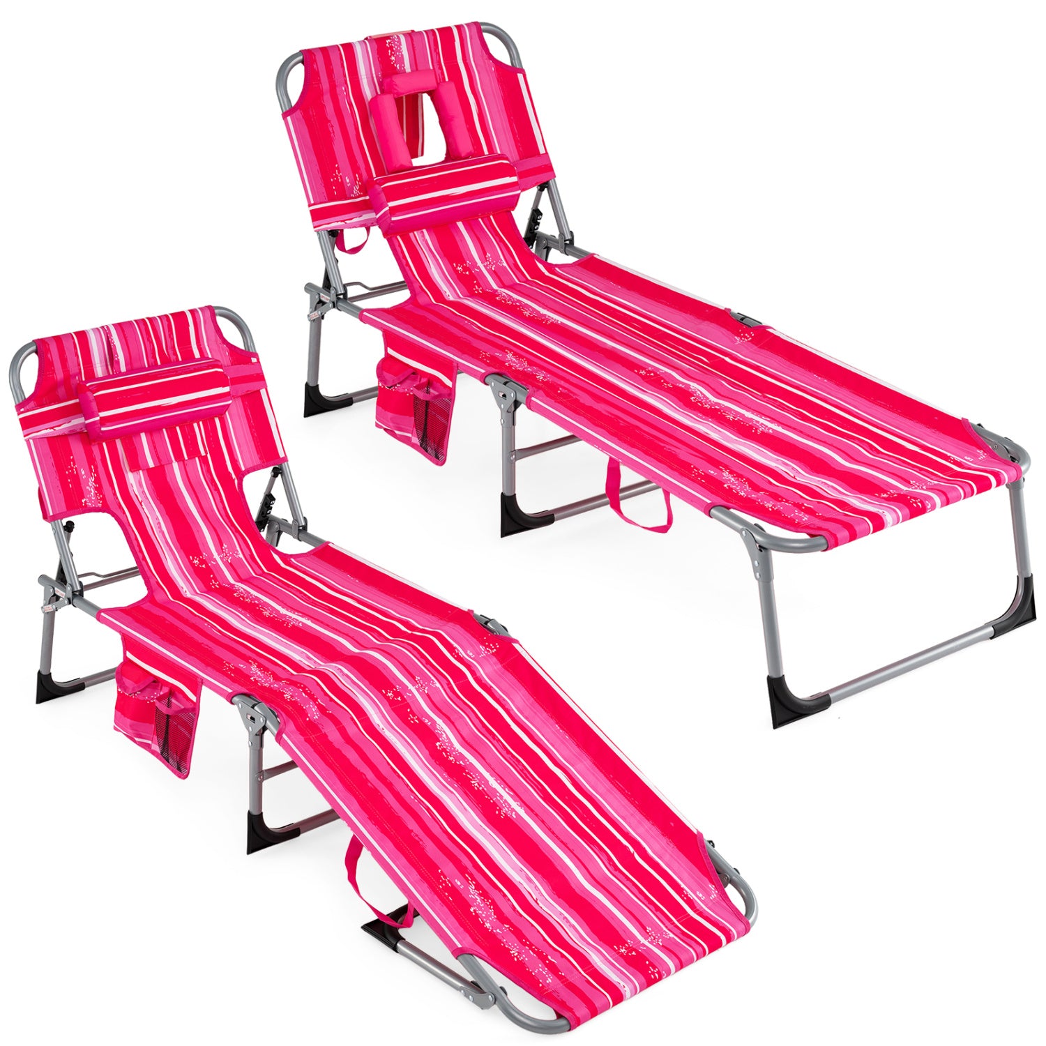 Portable Chaise Lounge Chair, 4-Position Adjustable Backrest, Stripe, Pink Outdoor Chaise Lounges Pink Stripe at Gallery Canada
