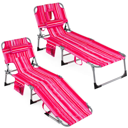 Portable Chaise Lounge Chair, 4-Position Adjustable Backrest, Stripe, Pink
