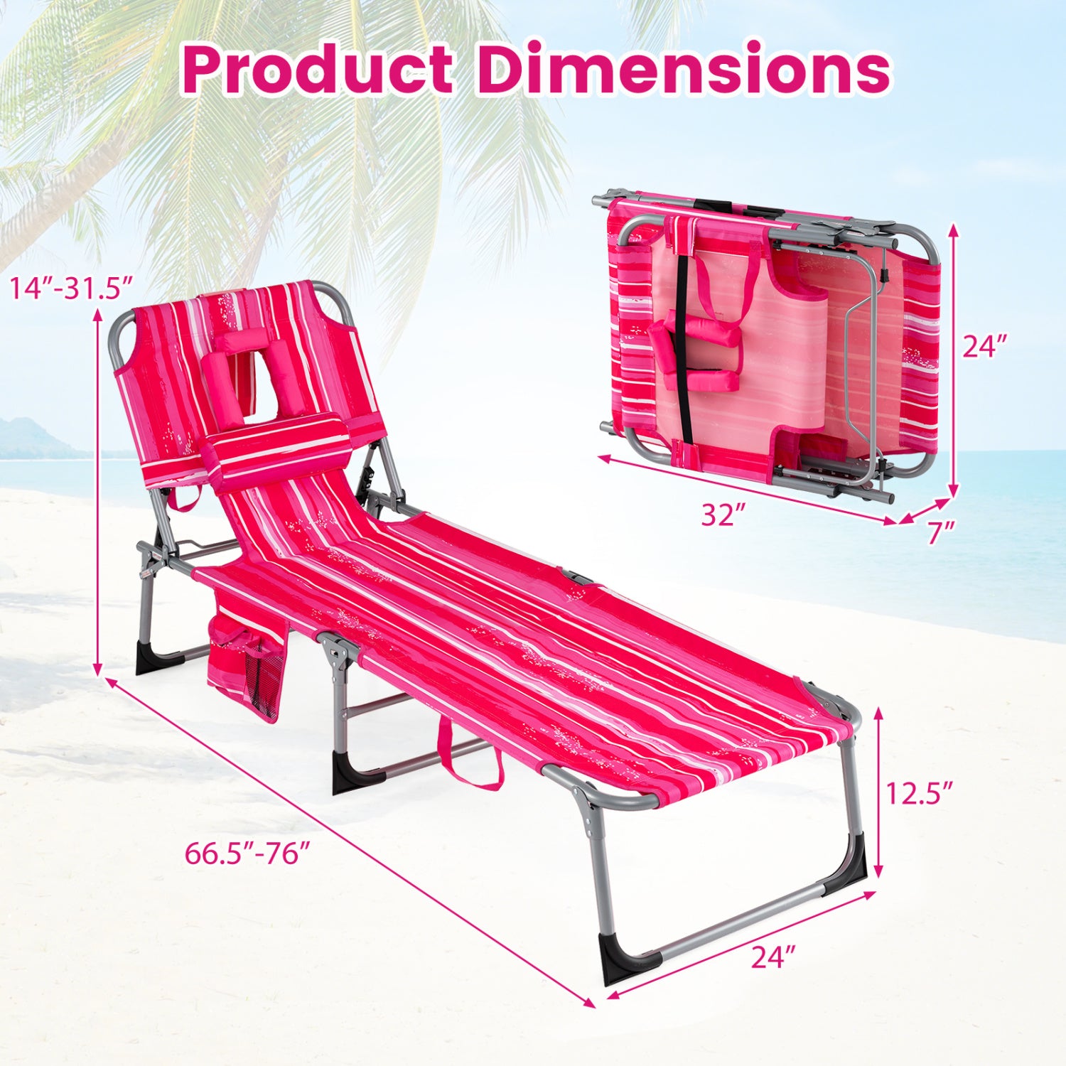 Portable Chaise Lounge Chair, 4-Position Adjustable Backrest, Stripe, Pink Outdoor Chaise Lounges at Gallery Canada