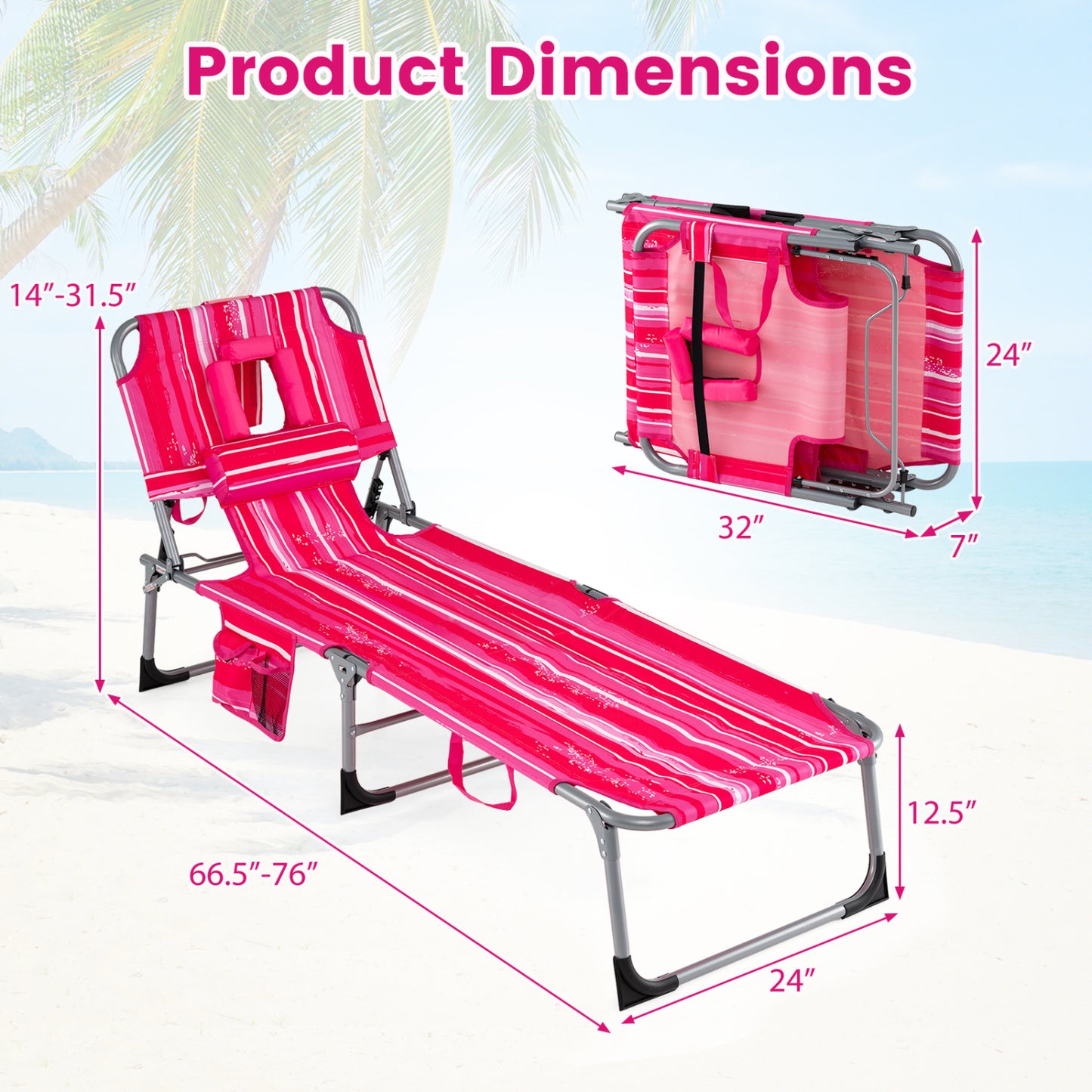 Portable Chaise Lounge Chair, 4-Position Adjustable Backrest, Stripe, Pink Outdoor Chaise Lounges at Gallery Canada