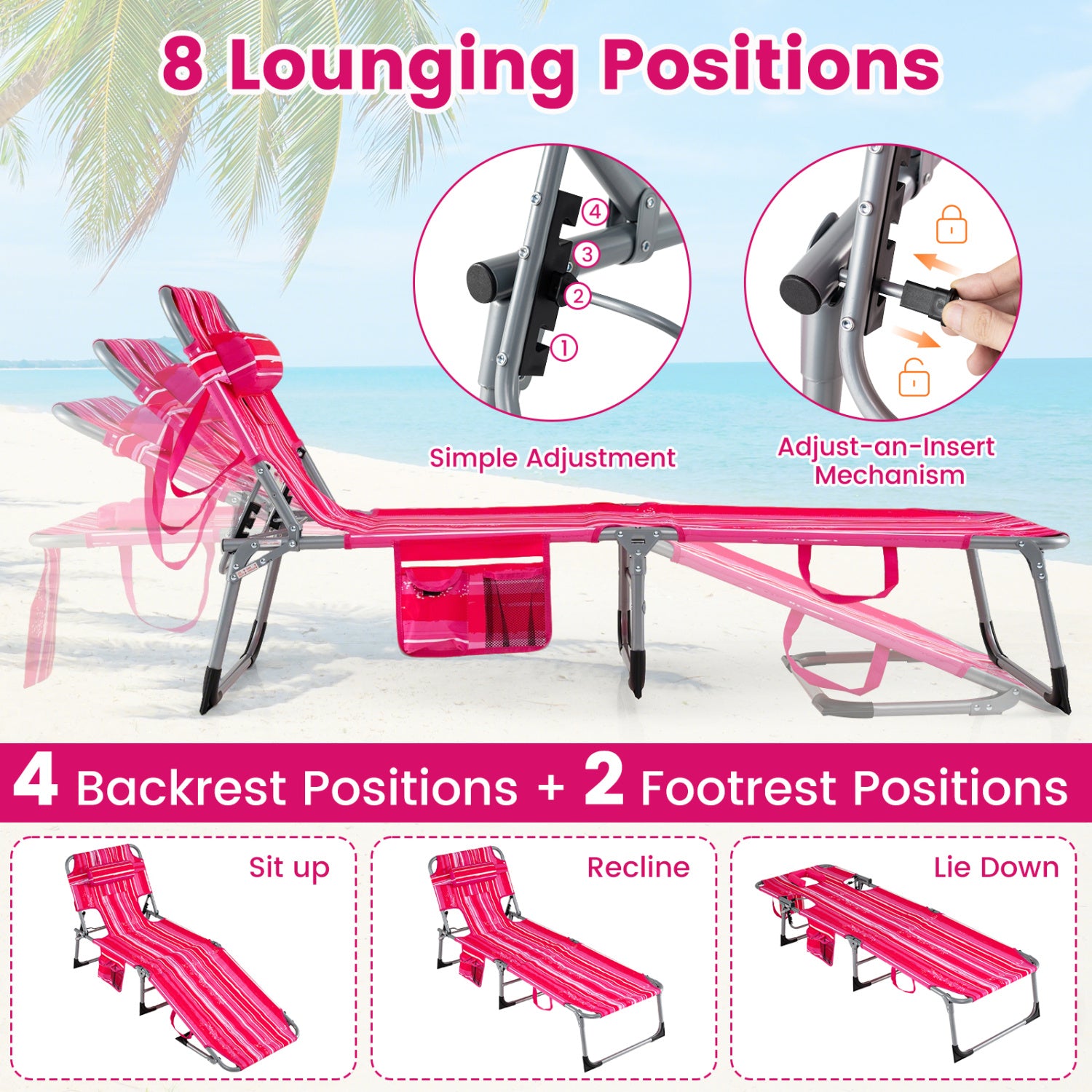 Portable Chaise Lounge Chair, 4-Position Adjustable Backrest, Stripe, Pink Outdoor Chaise Lounges at Gallery Canada