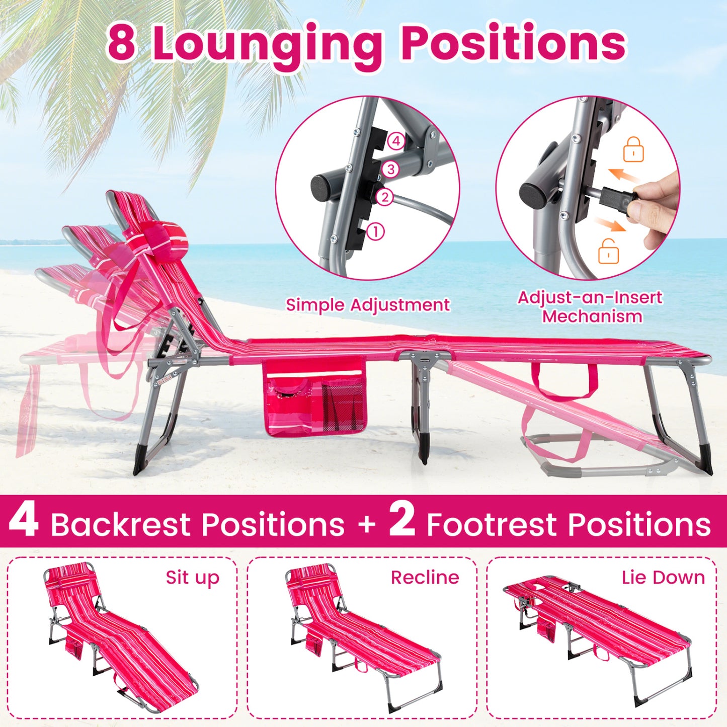 Portable Chaise Lounge Chair, 4-Position Adjustable Backrest, Stripe, Pink Outdoor Chaise Lounges at Gallery Canada