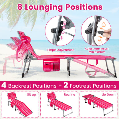 Portable Chaise Lounge Chair, 4-Position Adjustable Backrest, Stripe, Pink Outdoor Chaise Lounges at Gallery Canada
