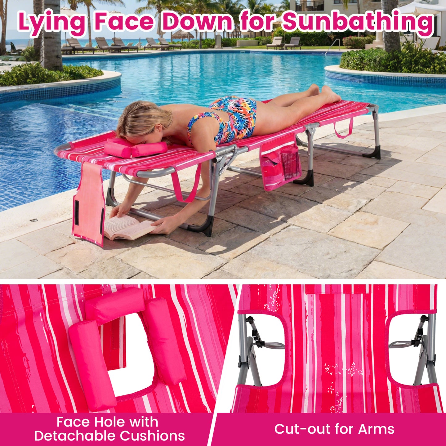 Portable Chaise Lounge Chair, 4-Position Adjustable Backrest, Stripe, Pink Outdoor Chaise Lounges at Gallery Canada