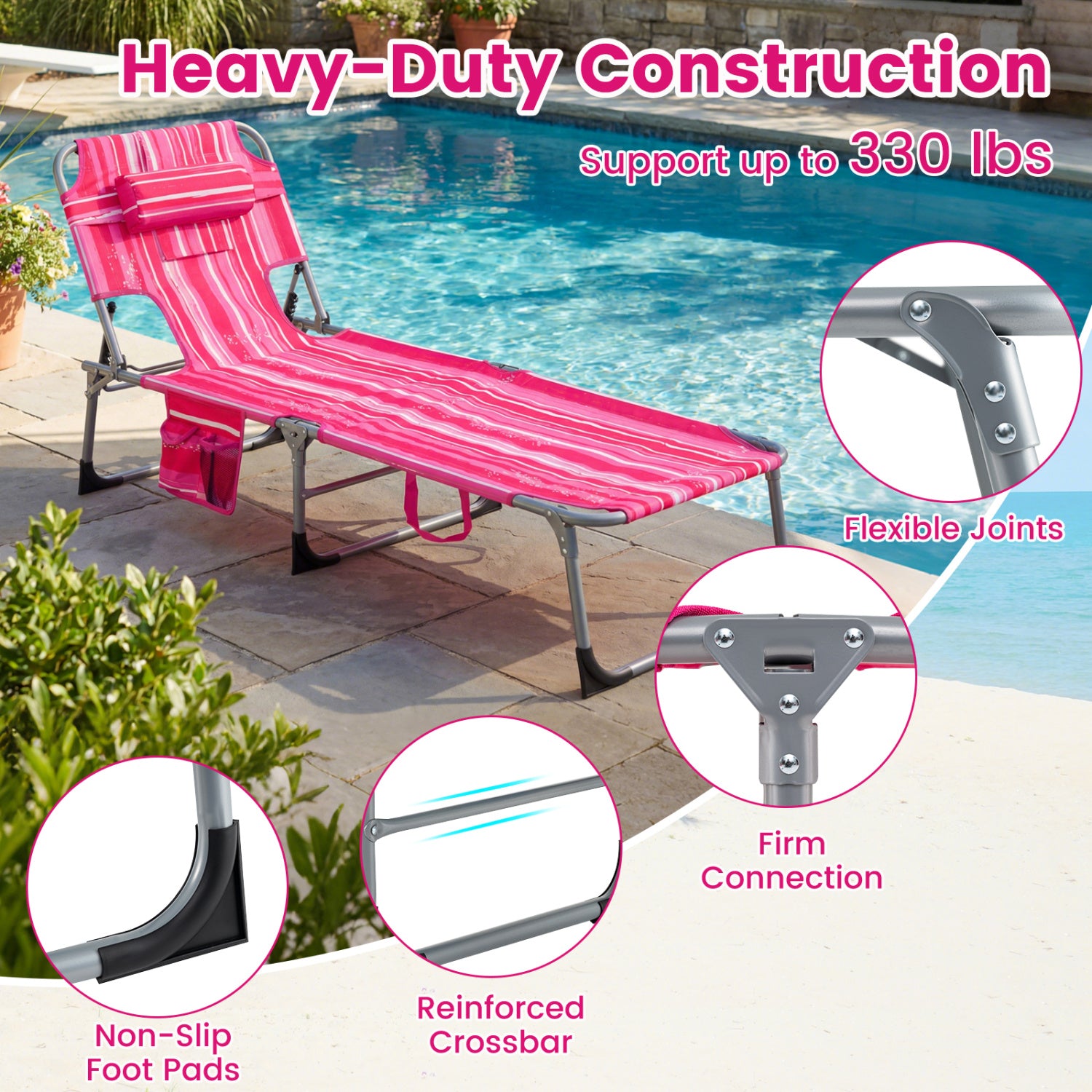 Portable Chaise Lounge Chair, 4-Position Adjustable Backrest, Stripe, Pink Outdoor Chaise Lounges at Gallery Canada