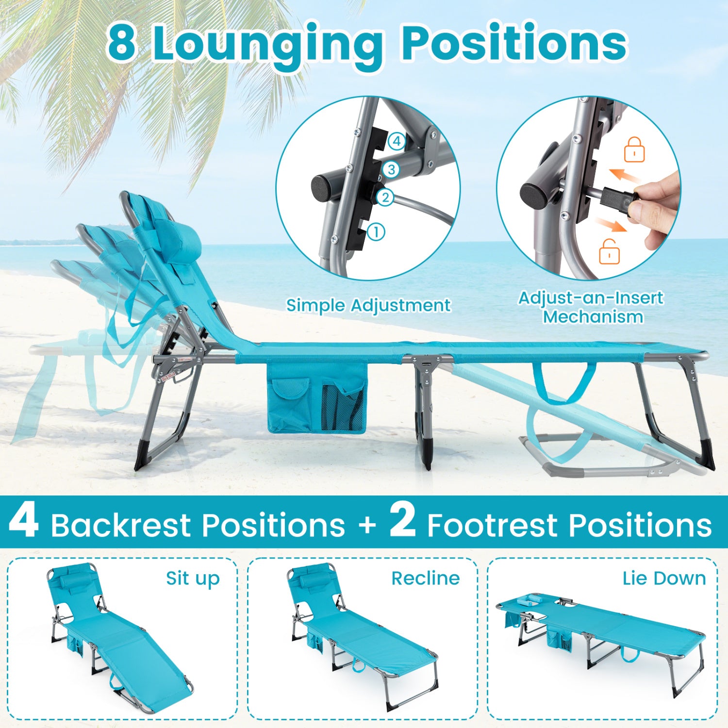 Portable Tanning Chair Set, 4-Position Adjustable Backrest, Multicolor Outdoor Chaise Lounges at Gallery Canada