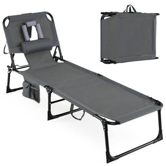 Set of 2 Tanning Chair Portable Chaise Lounge Chair with 4-Position Adjustable Backrest, Gray Outdoor Chaise Lounges Gray at Gallery Canada