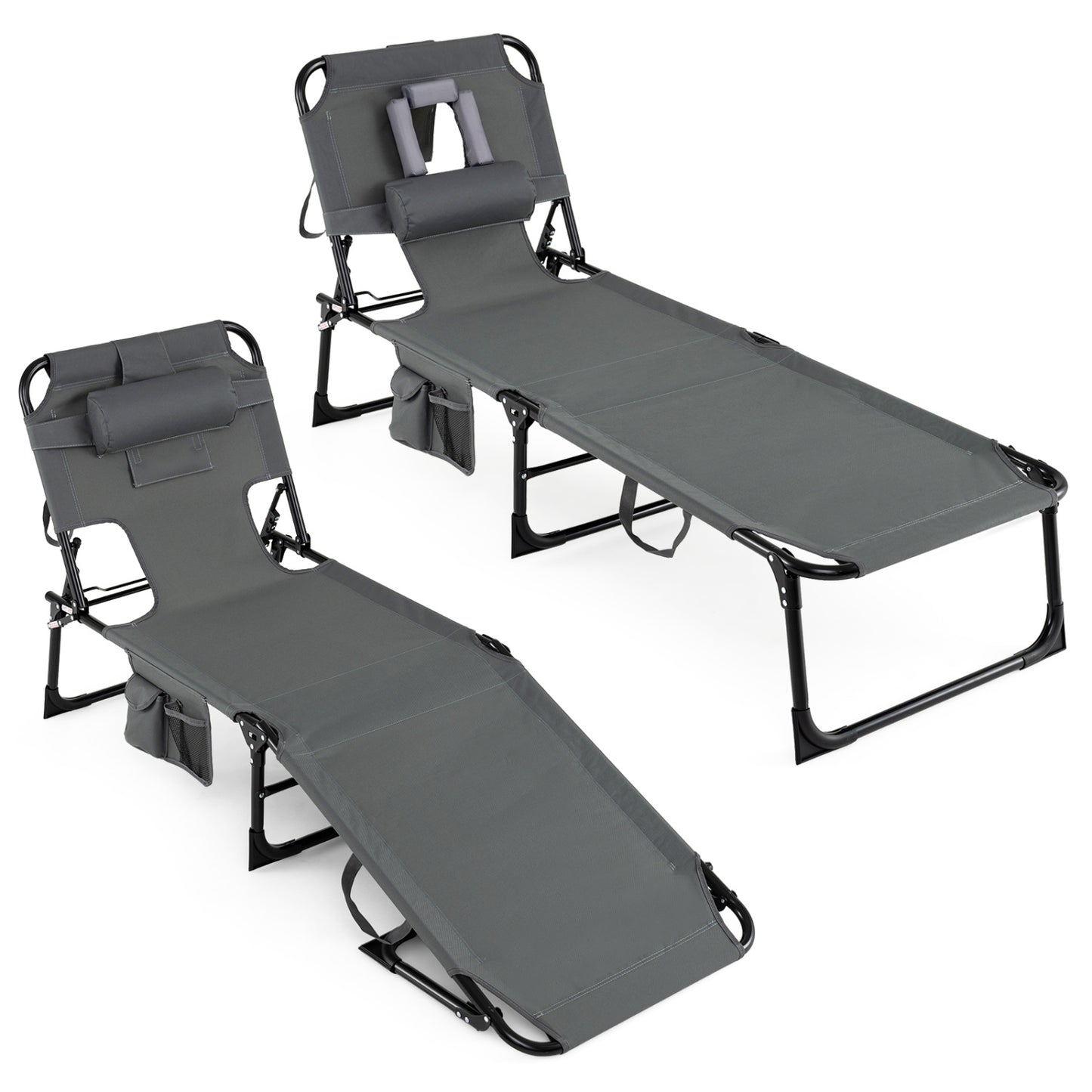 Set of 2 Tanning Chair Portable Chaise Lounge Chair with 4-Position Adjustable Backrest, Gray Outdoor Chaise Lounges at Gallery Canada