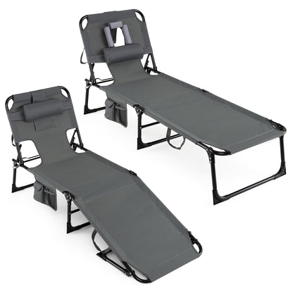 Set of 2 Tanning Chair Portable Chaise Lounge Chair with 4-Position Adjustable Backrest, Gray Outdoor Chaise Lounges at Gallery Canada