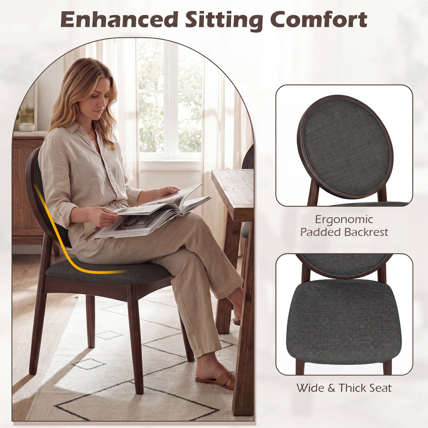 Set Of 2 Upholstered Linen Fabric Kitchen Side Chairs, Black Dining Chairs at Gallery Canada
