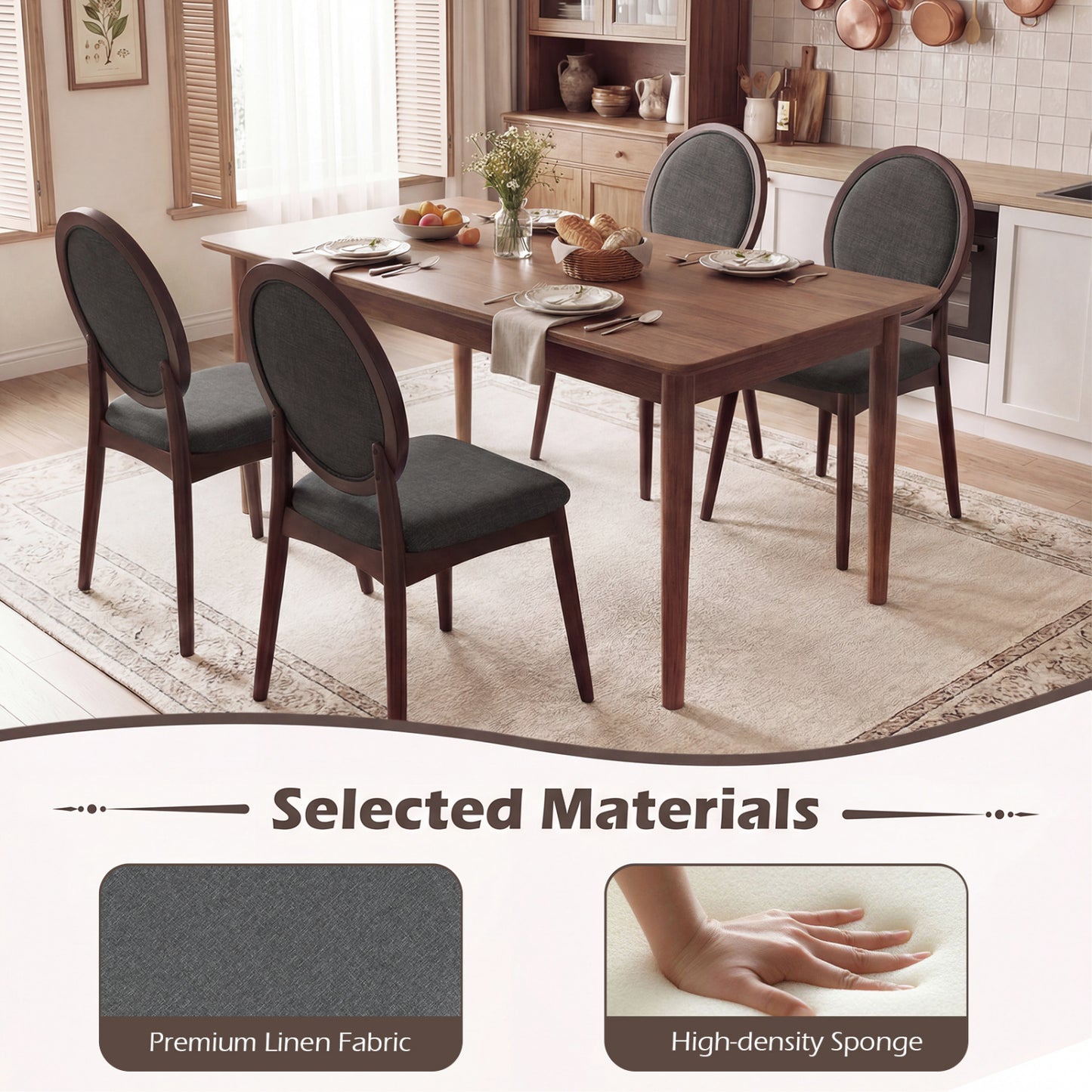 Set Of 2 Upholstered Linen Fabric Kitchen Side Chairs, Black Dining Chairs at Gallery Canada