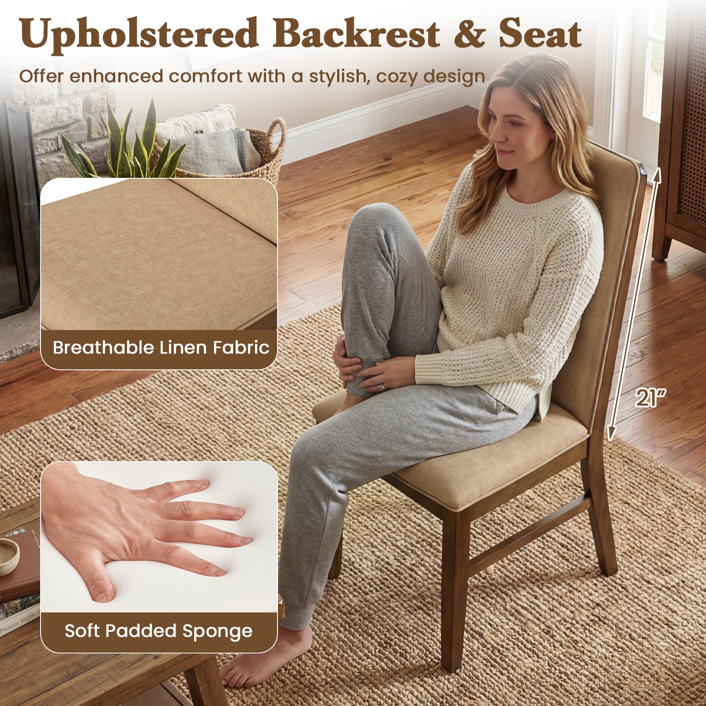 Set Of 2 Upholstered Dining Chairs, Solid Rubber Wood Legs, Brown Dining Chairs at Gallery Canada