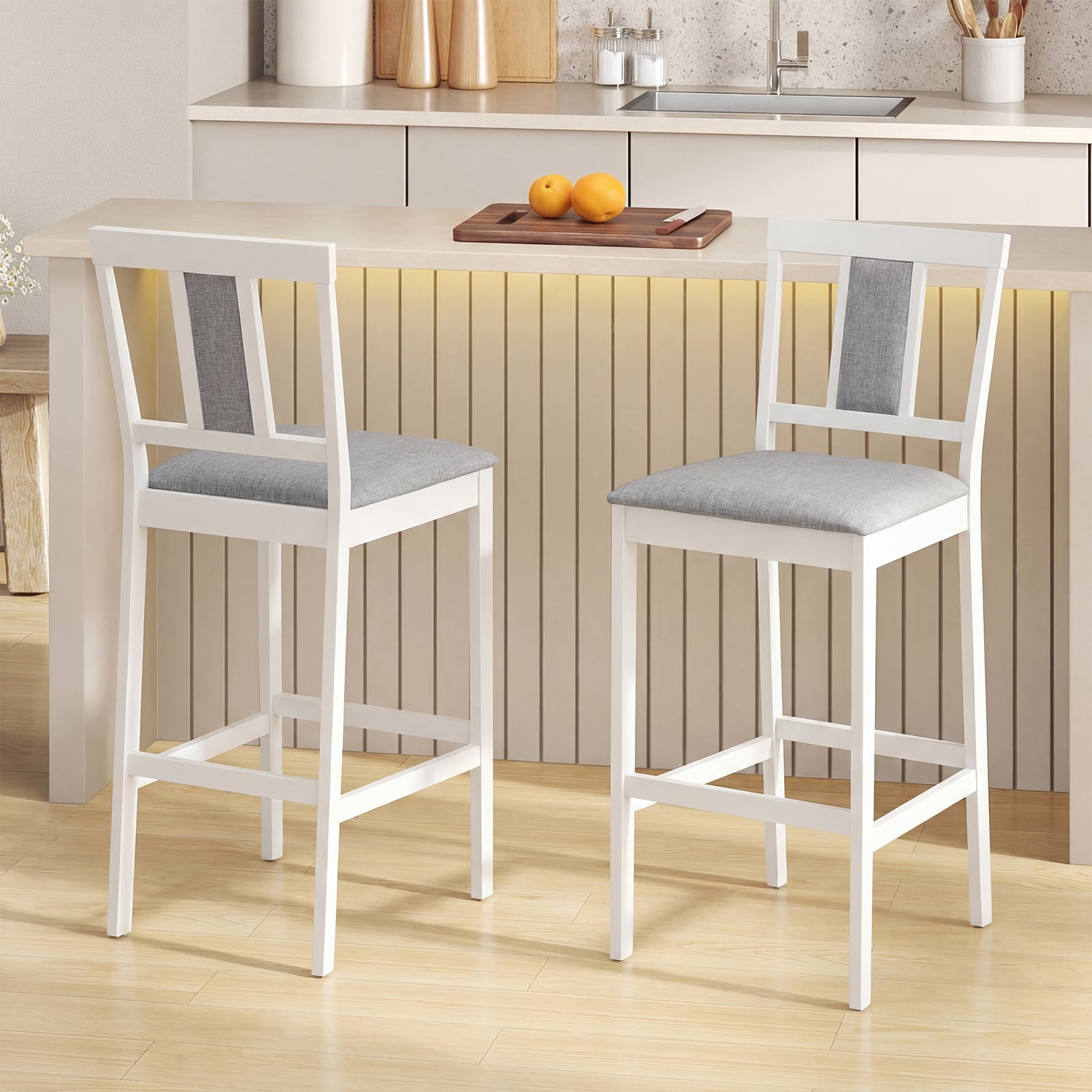 Upholstered Barstool Set, 29.5 Inch, Solid Rubber Wood Frame, White Bar Stools at Gallery Canada
