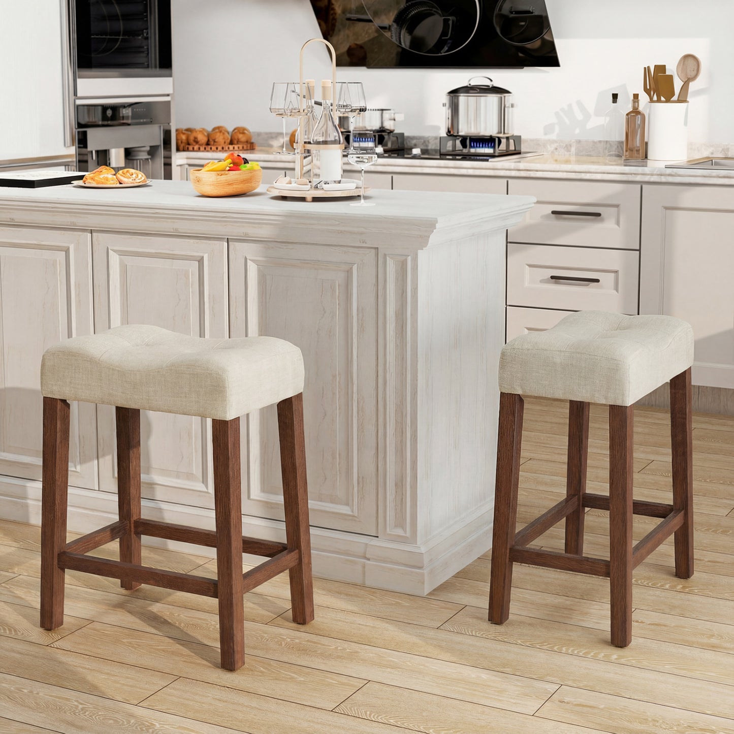 Set of 2 Upholstered Bar Stool, Curved Saddle Seat, Brown Bar Stools at Gallery Canada