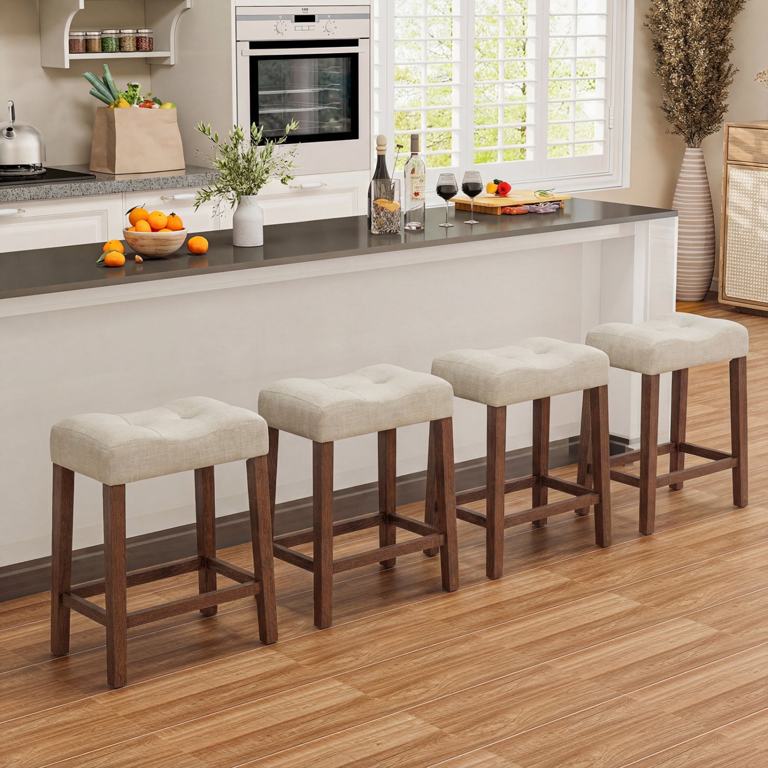 Set of 2 Upholstered Bar Stool, Curved Saddle Seat, Brown Bar Stools at Gallery Canada