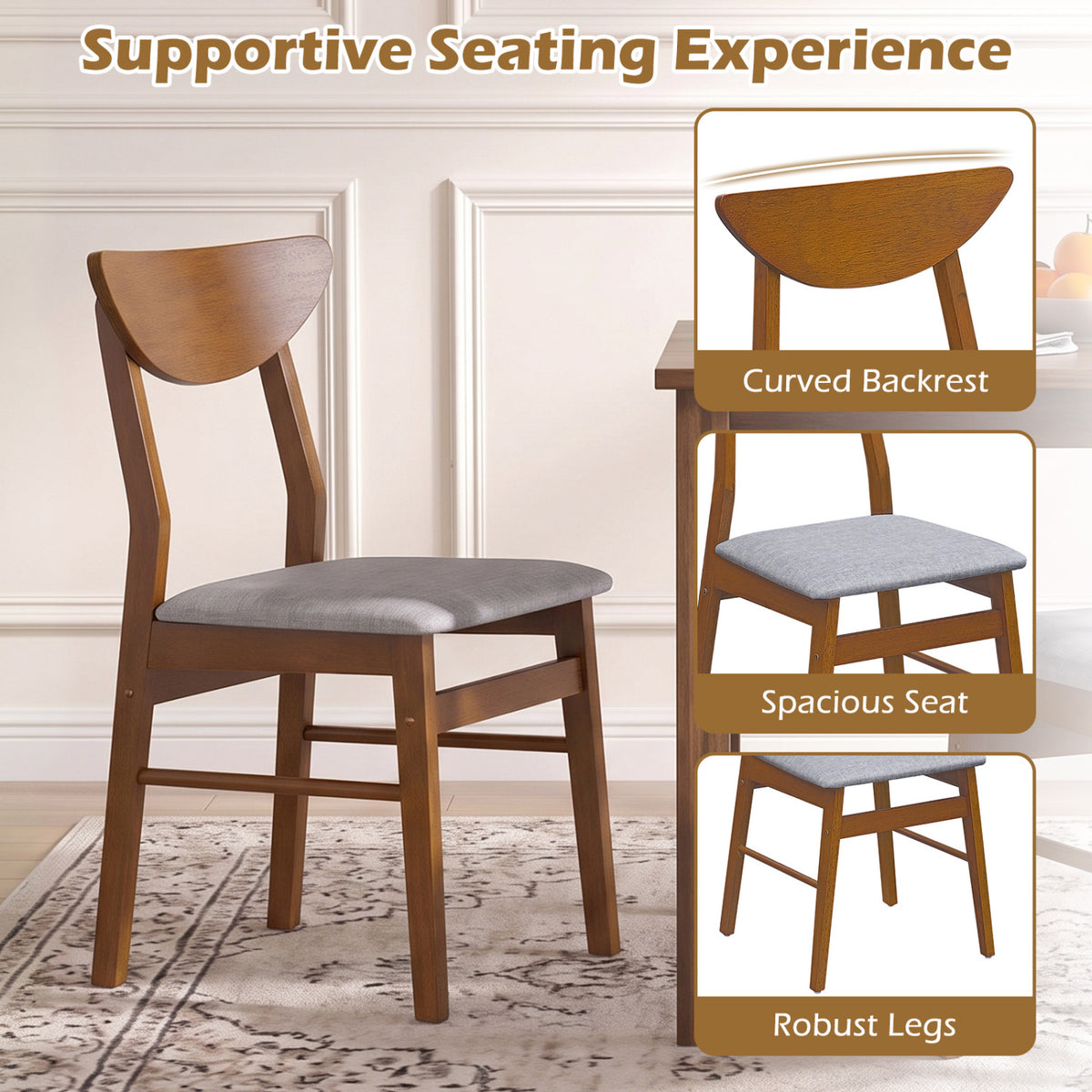 Set of 2 Upholstered Dining Chairs, Curved Backrest, Walnut
