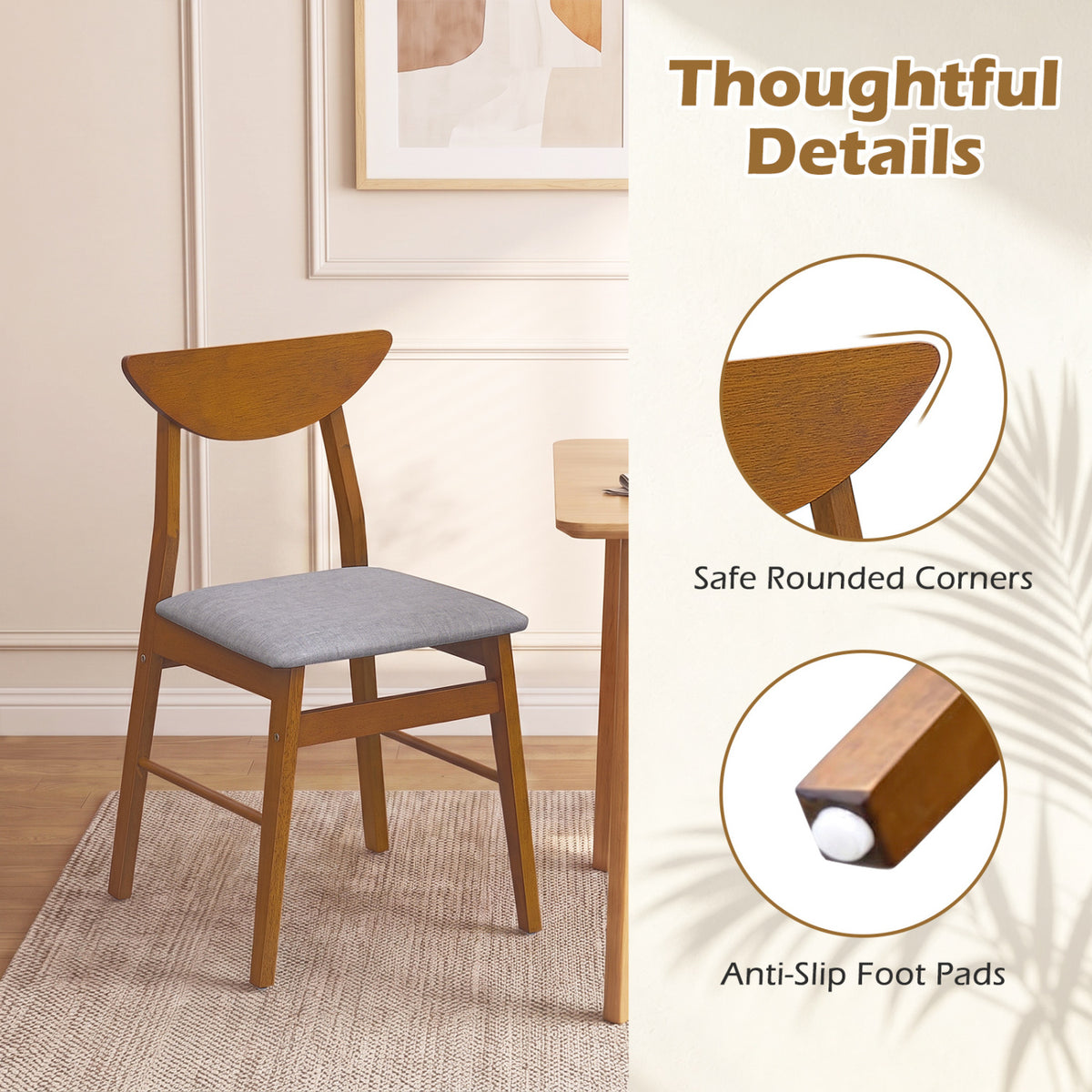 Set of 2 Upholstered Dining Chairs, Curved Backrest, Walnut