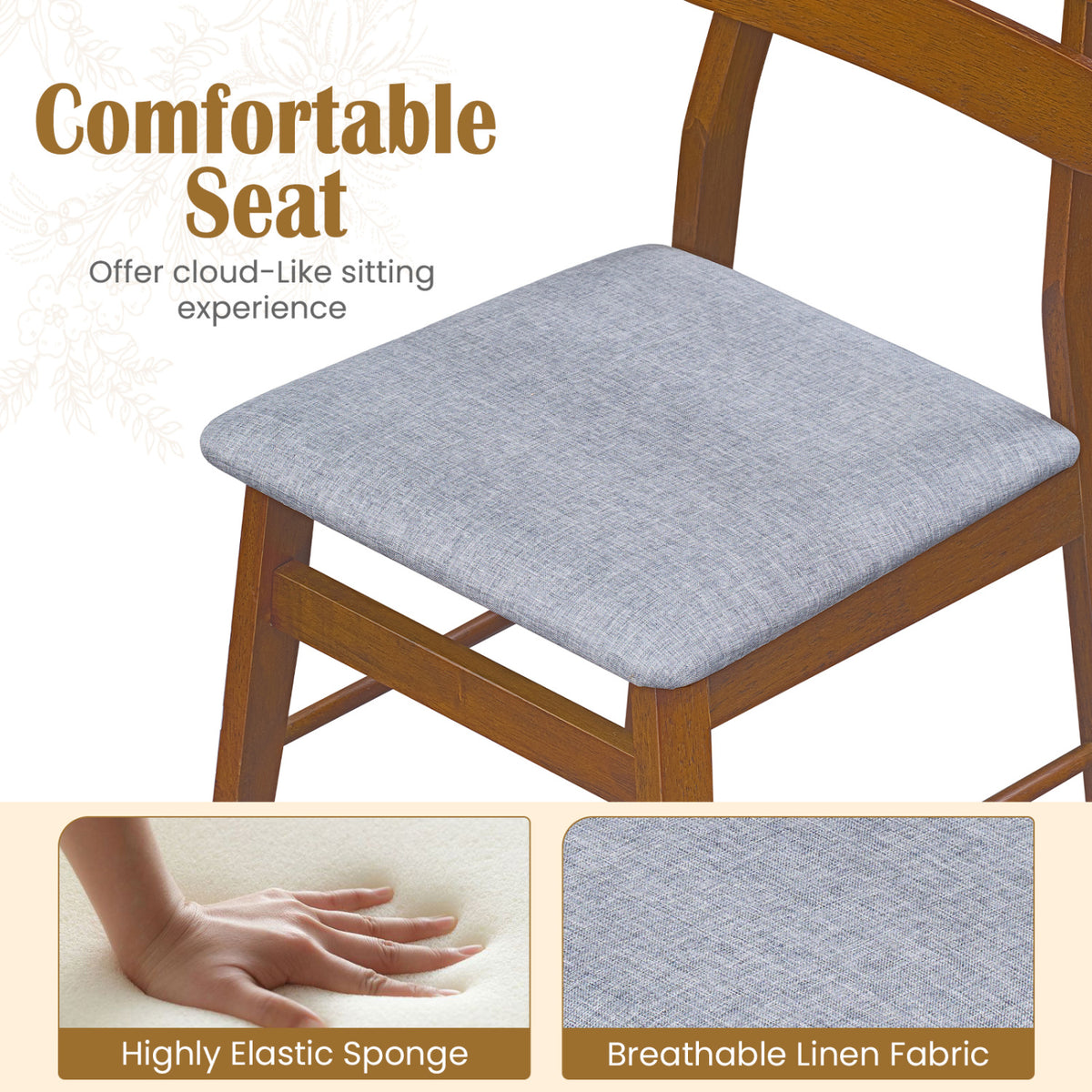 2 Upholstered Dining Chairs, Padded Seat, Solid Wood Legs, Walnut