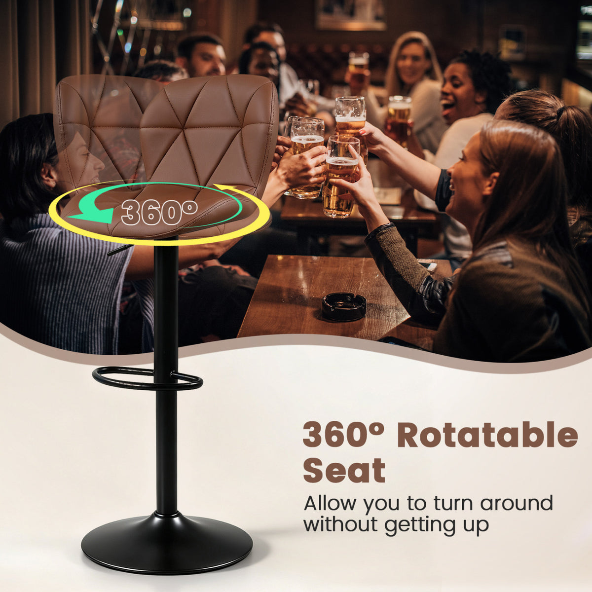 2 tabourets de bar pivotants, hauteur réglable, dossiers incurvés, marron