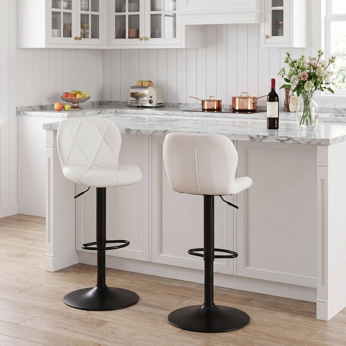 2 Tabourets de Bar Pivotants Hauteur Réglable Dossiers Inclinés, Blanc