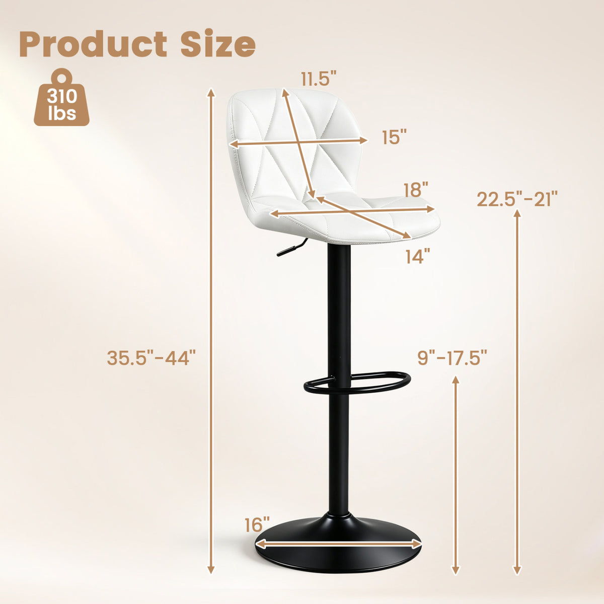 2 Tabourets de Bar Pivotants Hauteur Réglable Dossiers Inclinés, Blanc