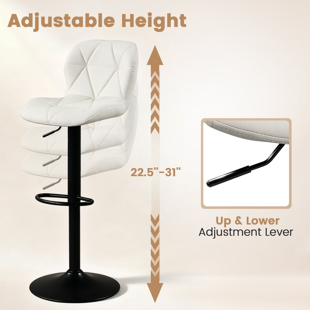 2 Tabourets de Bar Pivotants Hauteur Réglable Dossiers Inclinés, Blanc
