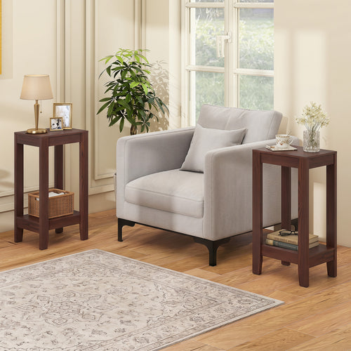 Set of 2 Two-Tier End Tables with Storage Shelf, Brown
