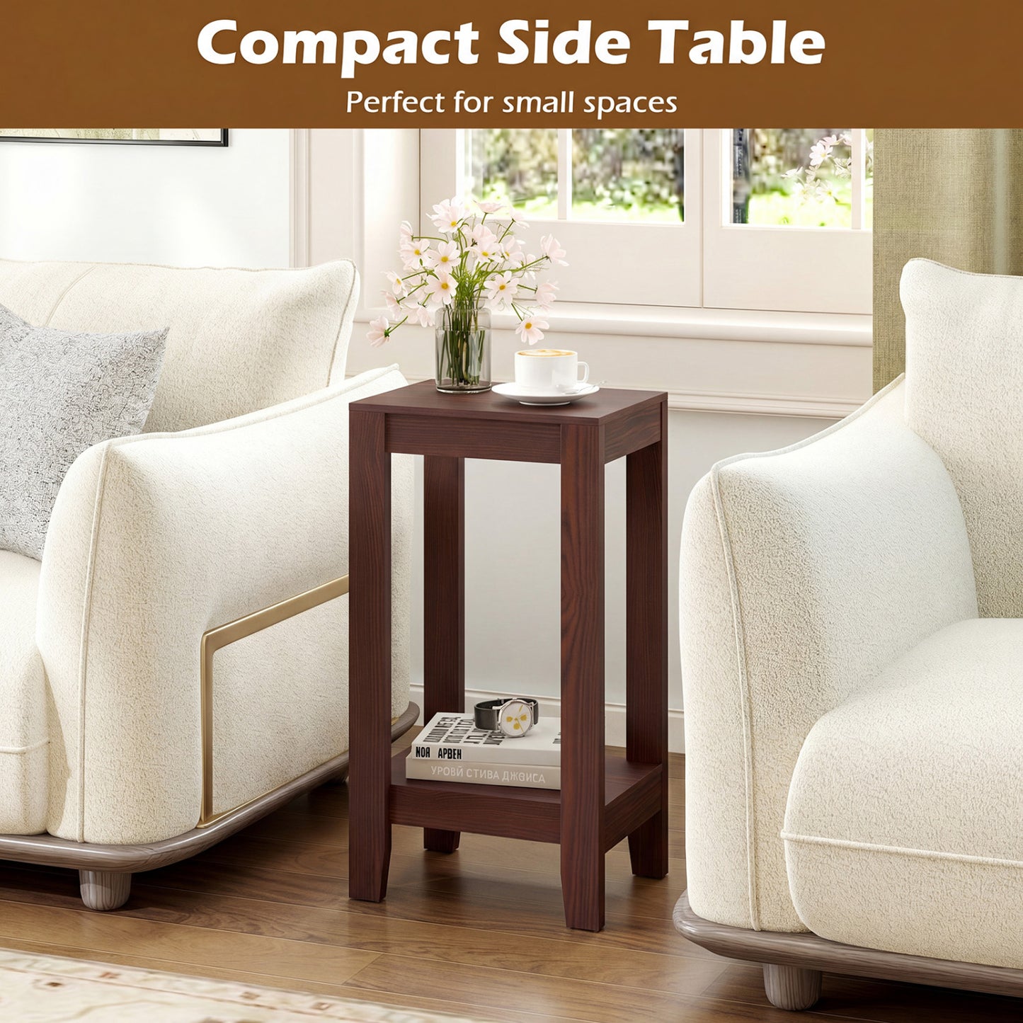 Set of 2 Two-Tier End Tables with Storage Shelf, Brown