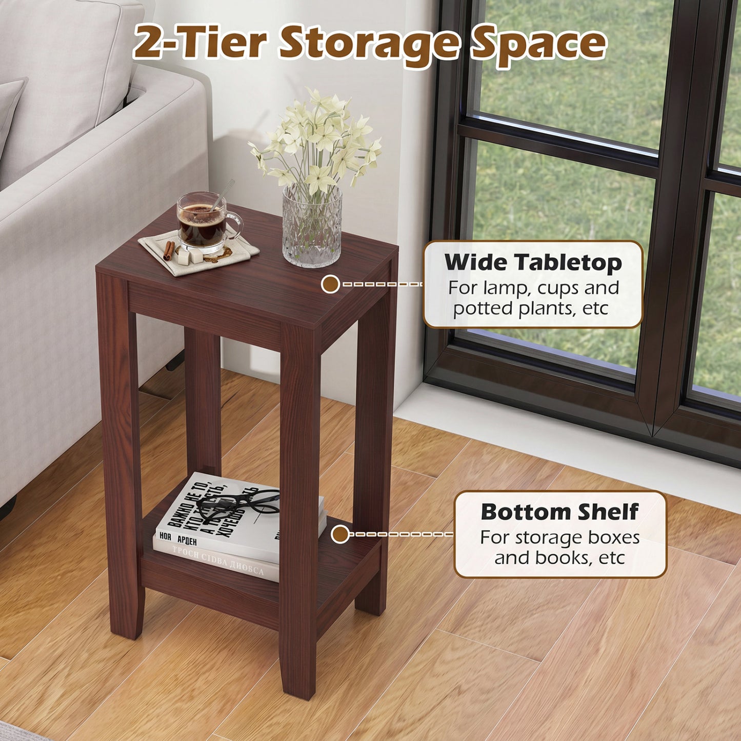Set of 2 Two-Tier End Tables with Storage Shelf, Brown
