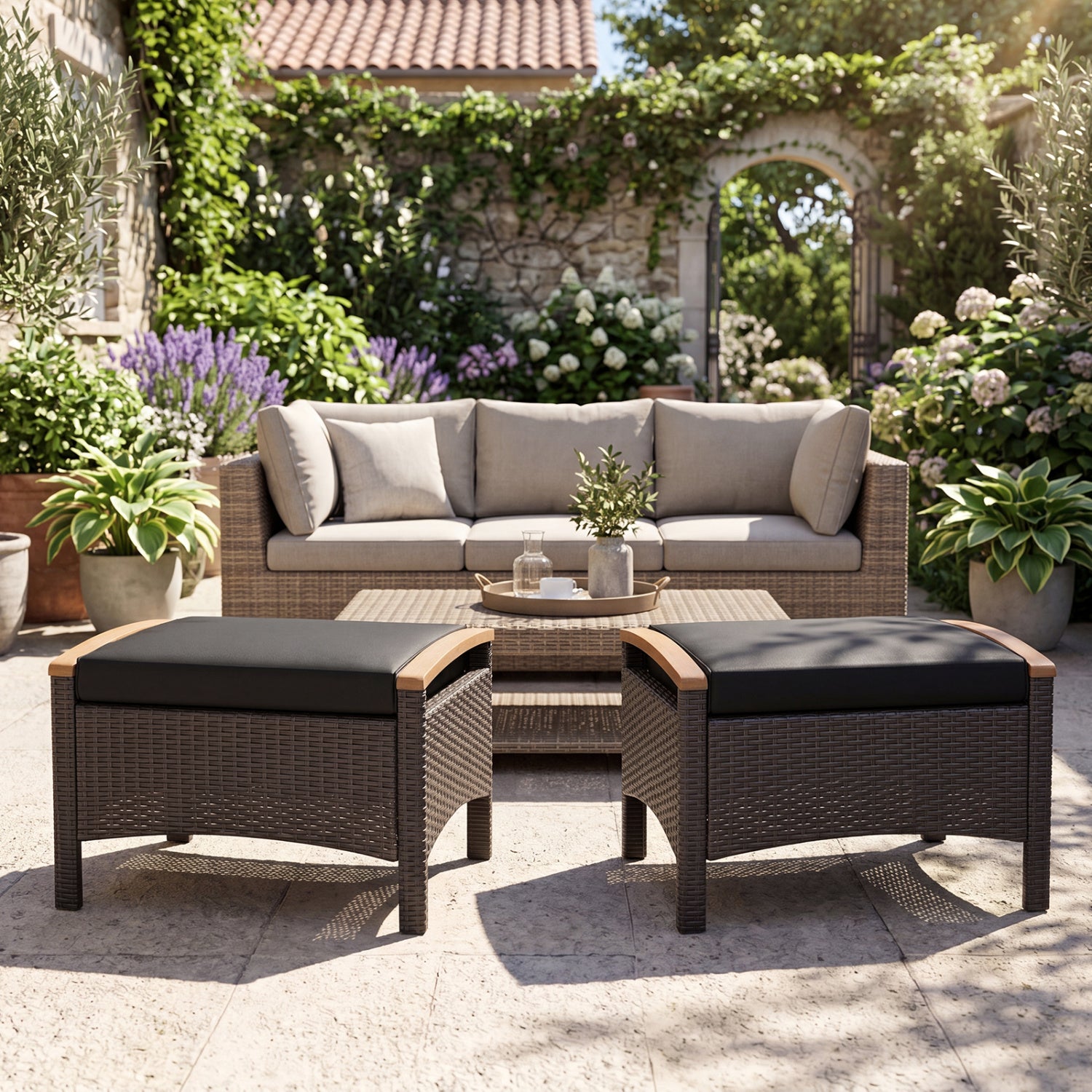 Set of 2 Wicker Ottoman with Cushion, Black Outdoor Seating & Patio Chairs at Gallery Canada