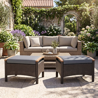 Set of 2 Wicker Patio Ottoman Fade-Resistant Foot Rest with Cushion, Gray Outdoor Seating & Patio Chairs at Gallery Canada