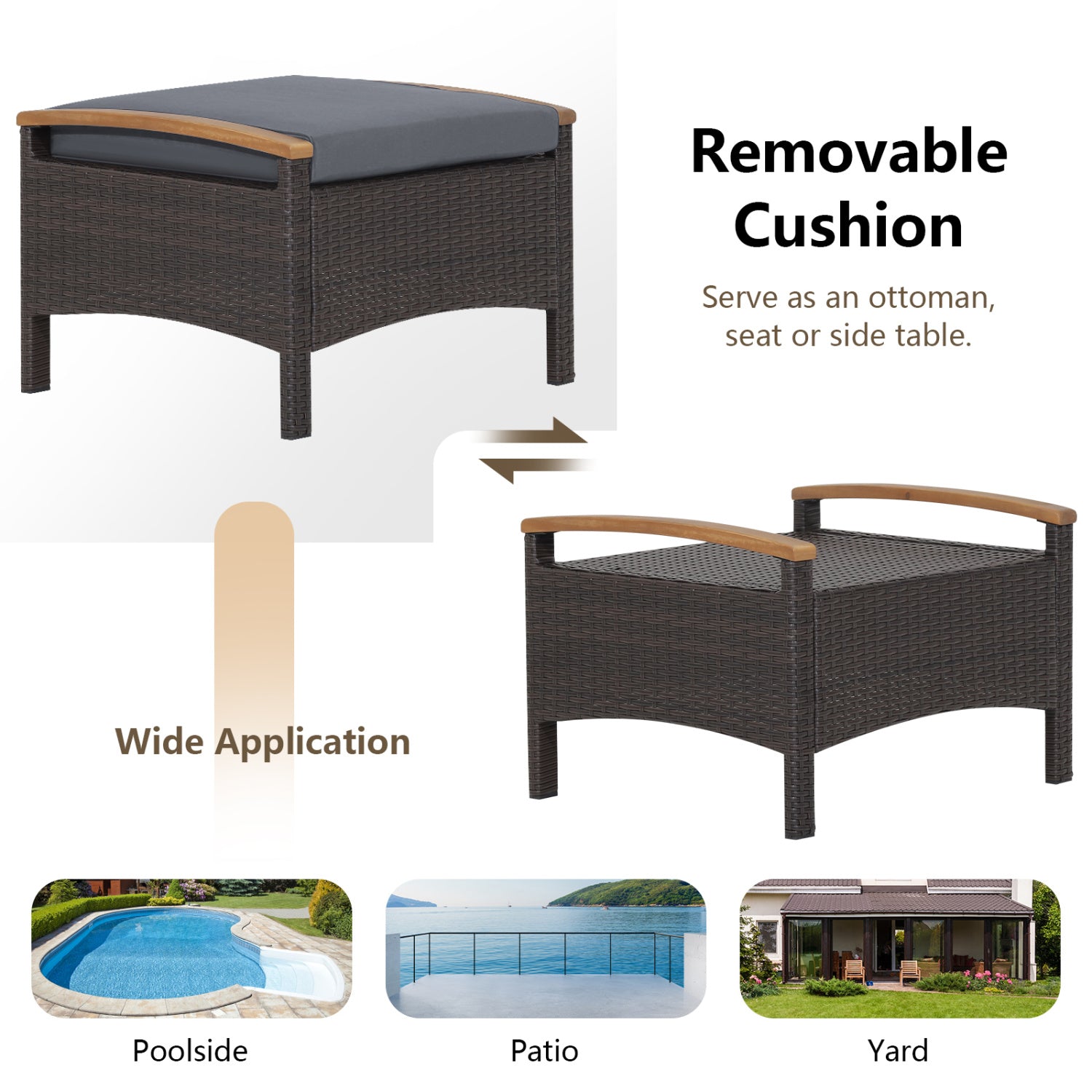 Set of 2 Wicker Patio Ottoman Fade-Resistant Foot Rest with Cushion, Gray Outdoor Seating & Patio Chairs at Gallery Canada