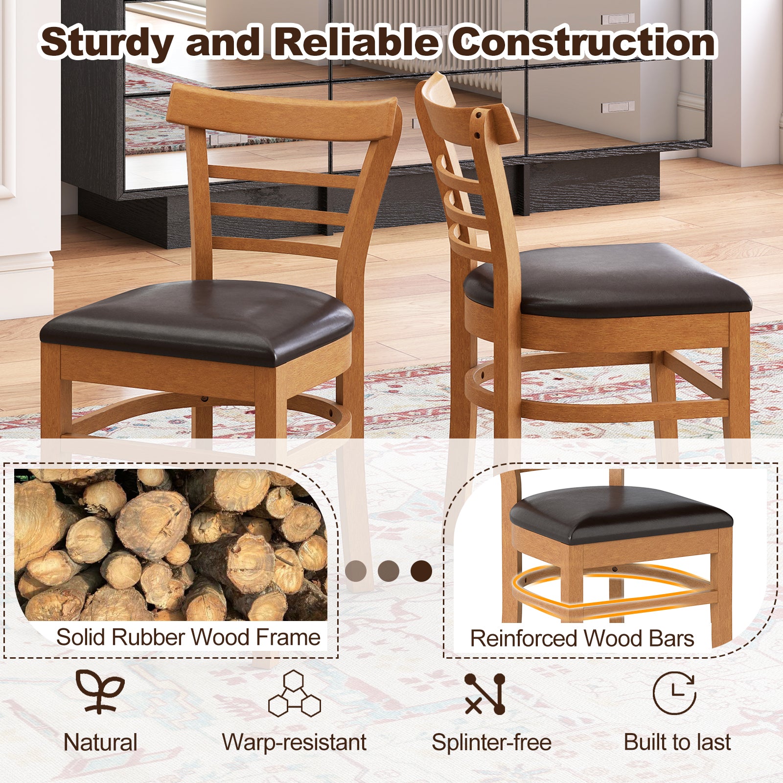 Set of 2 Wooden Dining Chair with Rubber Wood Legs for Restaurant, Brown Dining Chairs at Gallery Canada