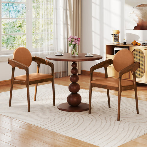 Set of 2 Wooden Dining Chair PU Leather Upholstered Armchairs, Brown