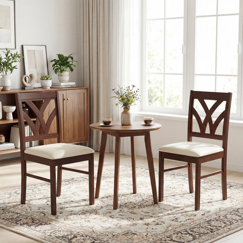 Set of 2 Wooden Dining Chairs Upholstered with Hollowed Backrest and Soft Padded Seat, Brown