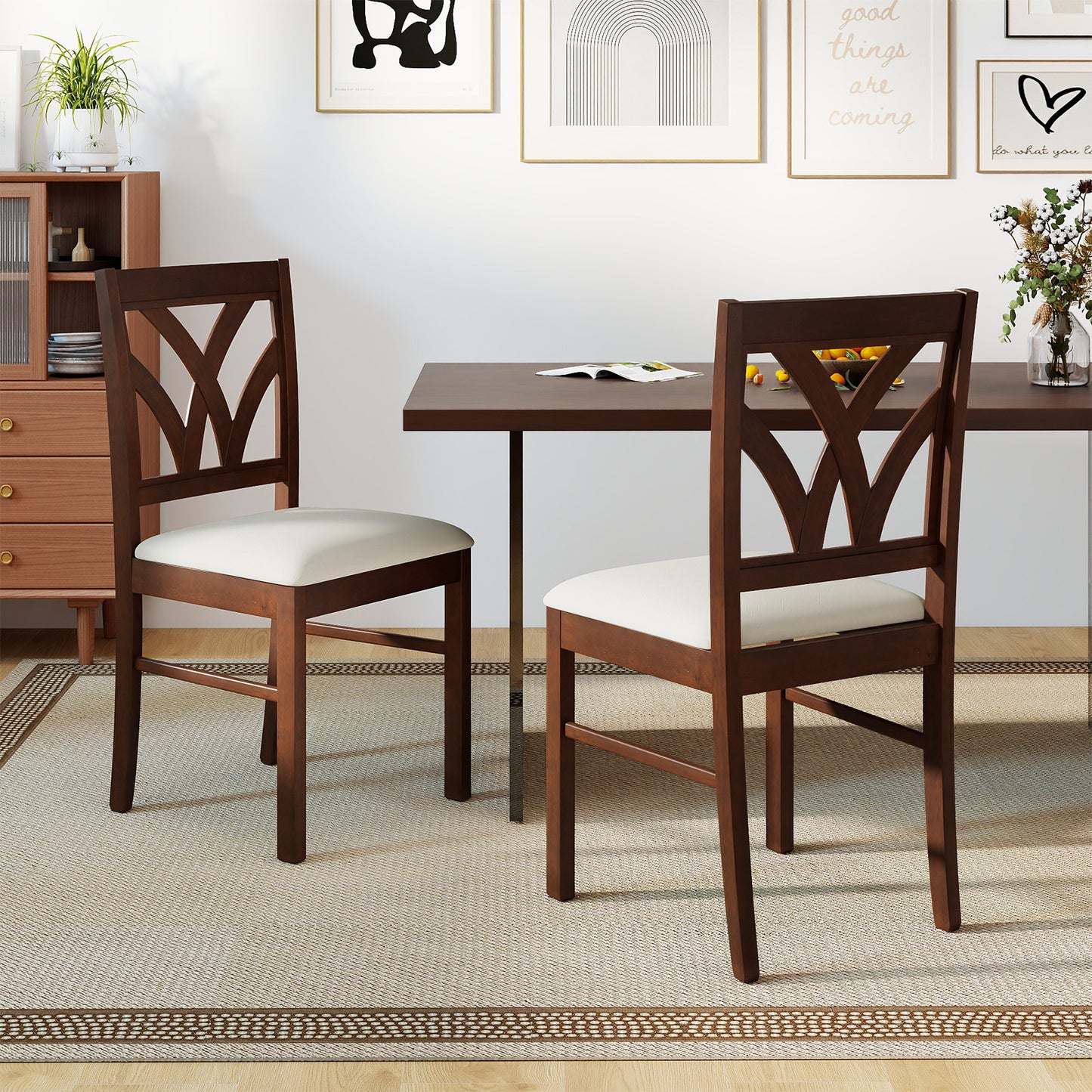 Set of 2 Wooden Dining Chairs Upholstered with Hollowed Backrest and Soft Padded Seat, Brown Dining Chairs at Gallery Canada