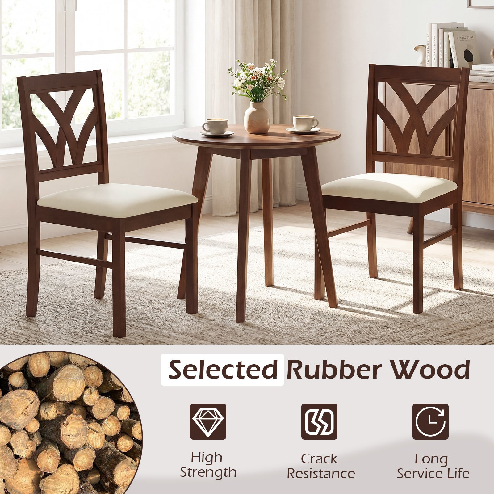 Set of 2 Wooden Dining Chairs Upholstered with Hollowed Backrest and Soft Padded Seat, Brown Dining Chairs at Gallery Canada