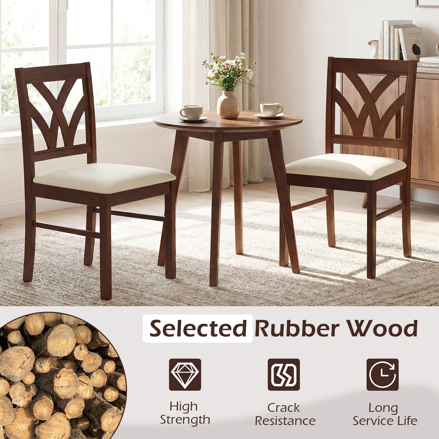 Set of 2 Wooden Dining Chairs Upholstered with Hollowed Backrest and Soft Padded Seat, Brown Dining Chairs at Gallery Canada