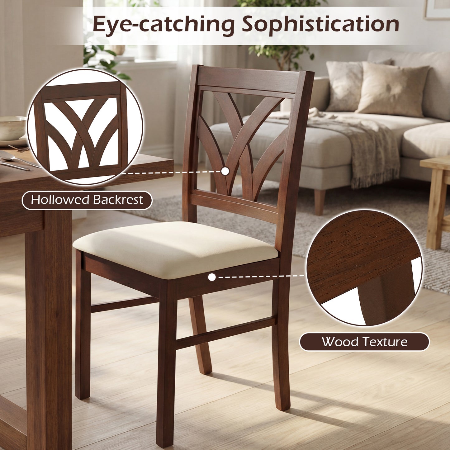 Set of 2 Wooden Dining Chairs Upholstered with Hollowed Backrest and Soft Padded Seat, Brown Dining Chairs at Gallery Canada