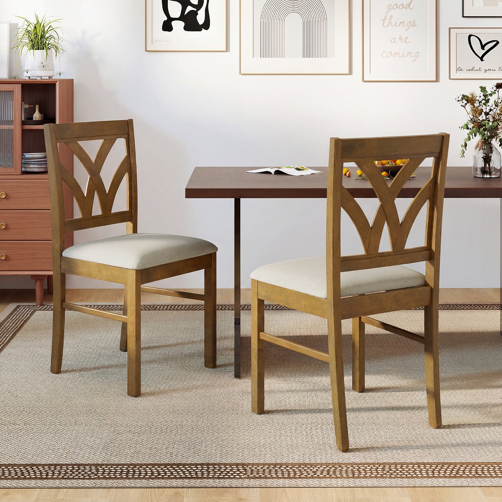 Set of 2 Wooden Dining Chairs Upholstered with Hollowed Backrest and Soft Padded Seat, Oak Dining Chairs at Gallery Canada