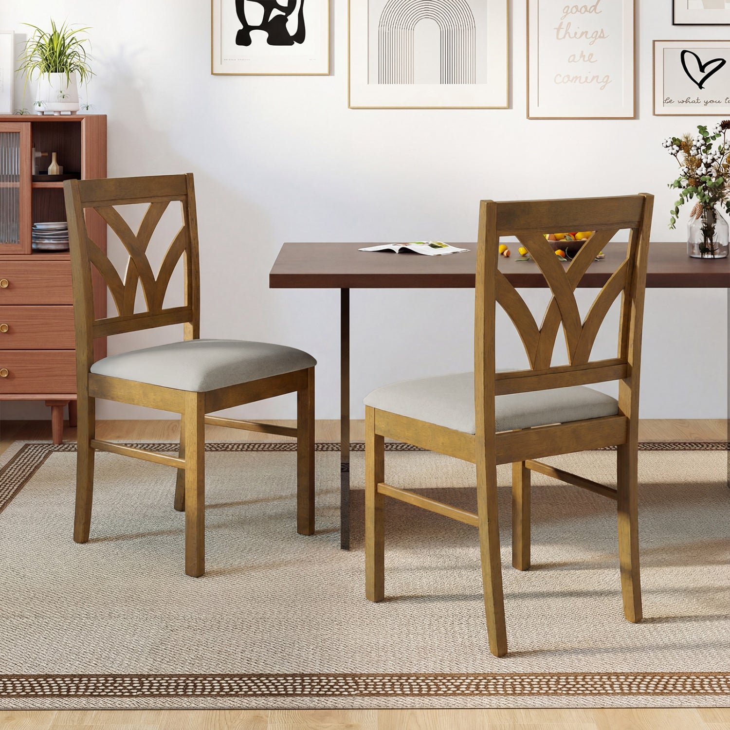 Set of 2 Wooden Dining Chairs Upholstered with Hollowed Backrest and Soft Padded Seat, Oak Dining Chairs at Gallery Canada