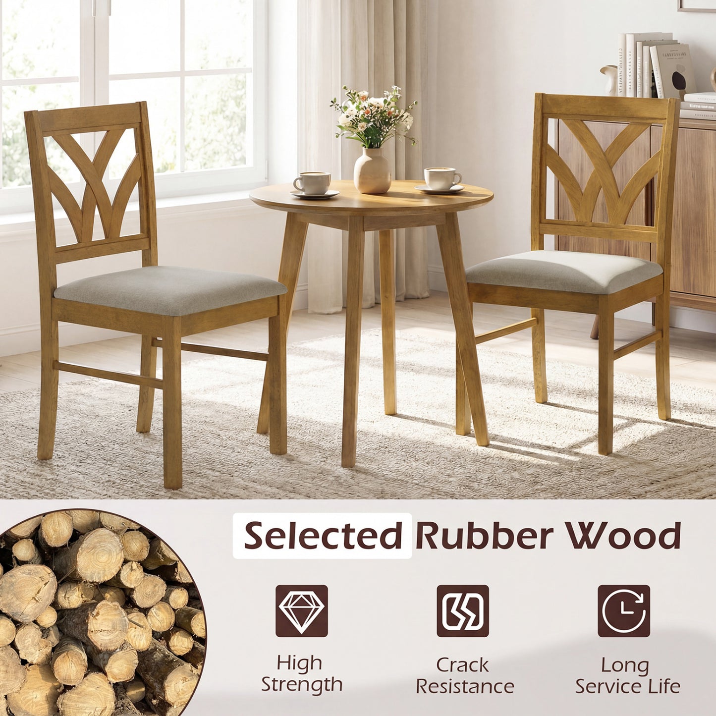 Set of 2 Wooden Dining Chairs Upholstered with Hollowed Backrest and Soft Padded Seat, Oak Dining Chairs at Gallery Canada