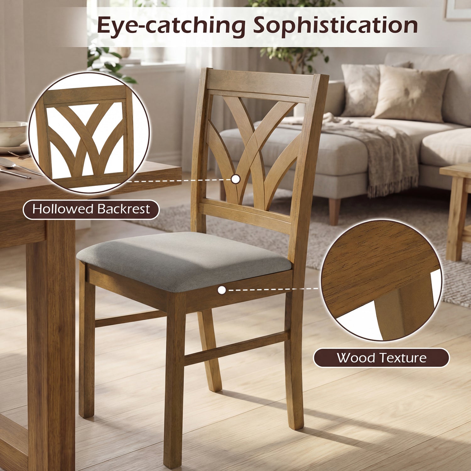 Set of 2 Wooden Dining Chairs Upholstered with Hollowed Backrest and Soft Padded Seat, Oak Dining Chairs at Gallery Canada